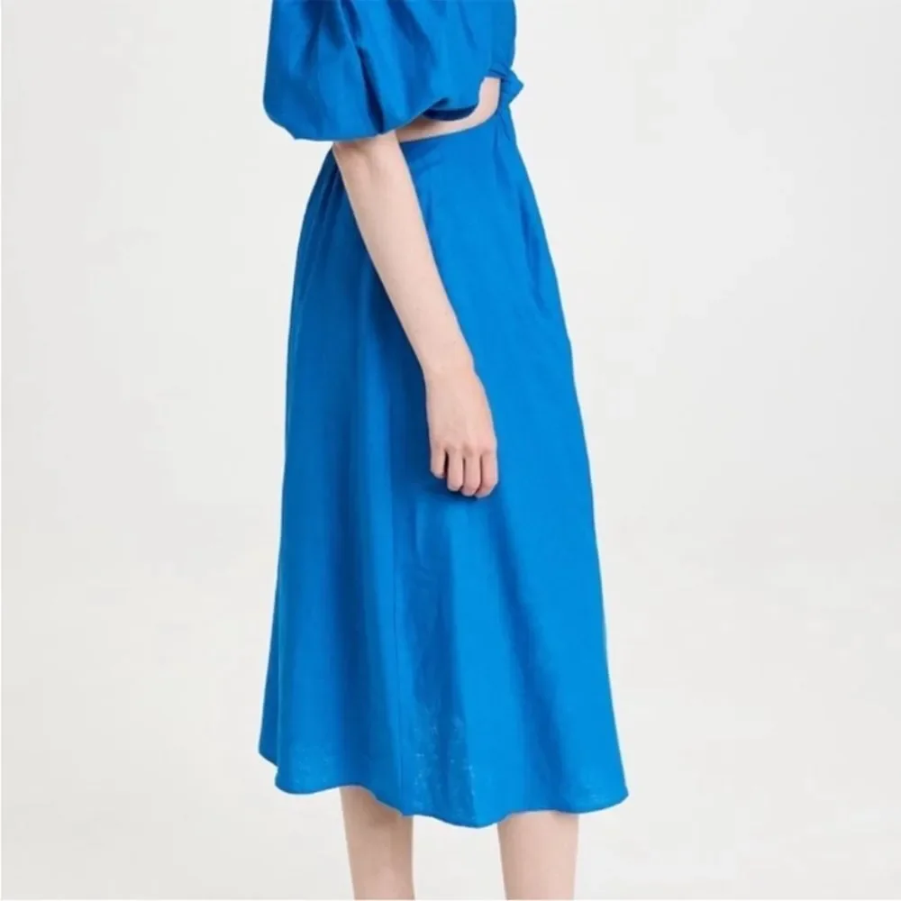 Farm Rio Knotted Linen Blend Blue Midi Cut Out Dress Off Shoulder Size L